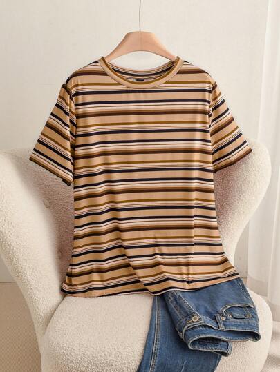 CosyJoli Camiseta de verano de manga corta con cuello redondo a rayas, de talla grande, casual y de moda para uso diario