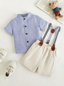 SHEIN Baby Jungen Kontrast Streifen Mode leichte Stehkragen Kurzarm Hemd + Latzhosen Gentleman Outfit Anzug, geeignet für Frühling/Sommer Ausflüge, Parkspaziergang und lässige Freizeitkleidung Zuhause - Blau - Übersicht 3