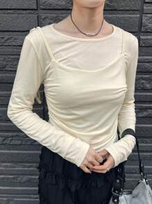 FRIFUL 女士纯色圆领长袖褶皱二合一休闲 T 恤，秋季 - 杏色 - 查看 3