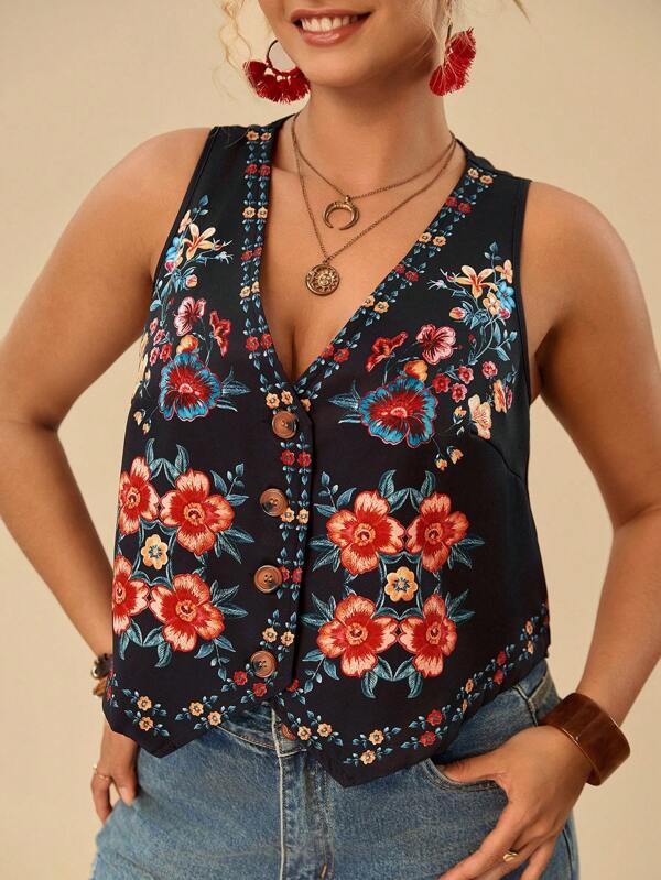 Travachic Plus size asymmetrische zoom bloemenprint vest voor vakantie