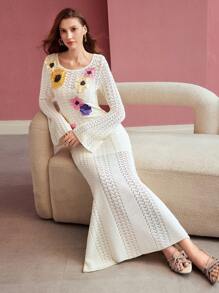 MOTF PREMIUM 3D 花卉贴片喇叭袖毛衣裙，情人节装 - 白色 - 查看 4