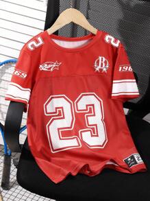 SHEIN Tween Boy Sporty Casual Letter Print Contrast Color Round Neck T-Shirt - Red - View 8