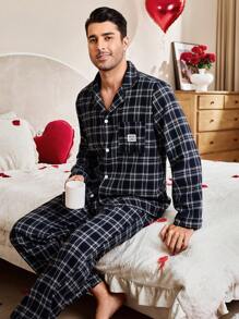 Men's Plaid Patchwork Front Button Casual Home Wear Set - Multicolor - View 2