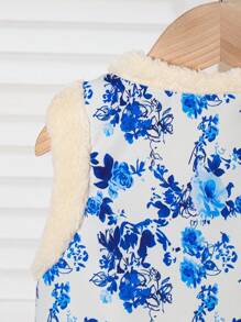 1pc Girls Sleeveless Casual Printed Jacket, Autumn/Winter - Blue - View 3