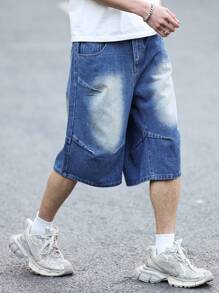 Manfinity EMRG 男士褶皱口袋阔腿休闲牛仔短裤 - 藍色 - 查看 8