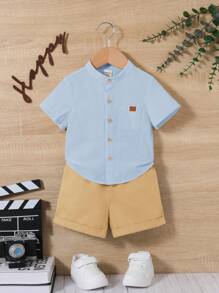 SHEIN Leap Crew 2 件装男童/女童纯色立领开衫短袖上衣和蝴蝶结装饰休闲短裤套装 - 彩色 - 查看 3