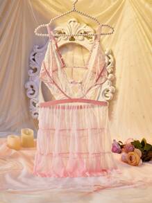 DelicateAllure Pastel Pink Women's Sexy Nightgown - Innocent & Alluring Sheer Design, Ruffle Hem, Lace Patchwork