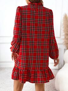 SHEIN LUNE 女士休闲格子圣诞长袖连衣裙，适合秋冬季 - 紅色 - 查看 2