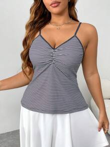 INAWLY Plus Size Women Striped Print Ruched Casual Cami Top - Black and White - View 1