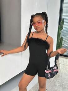 SHEIN Tween Girl Solid Color Camisole Furry Jumpsuit Shorts For Valentine's Day - Black - View 1