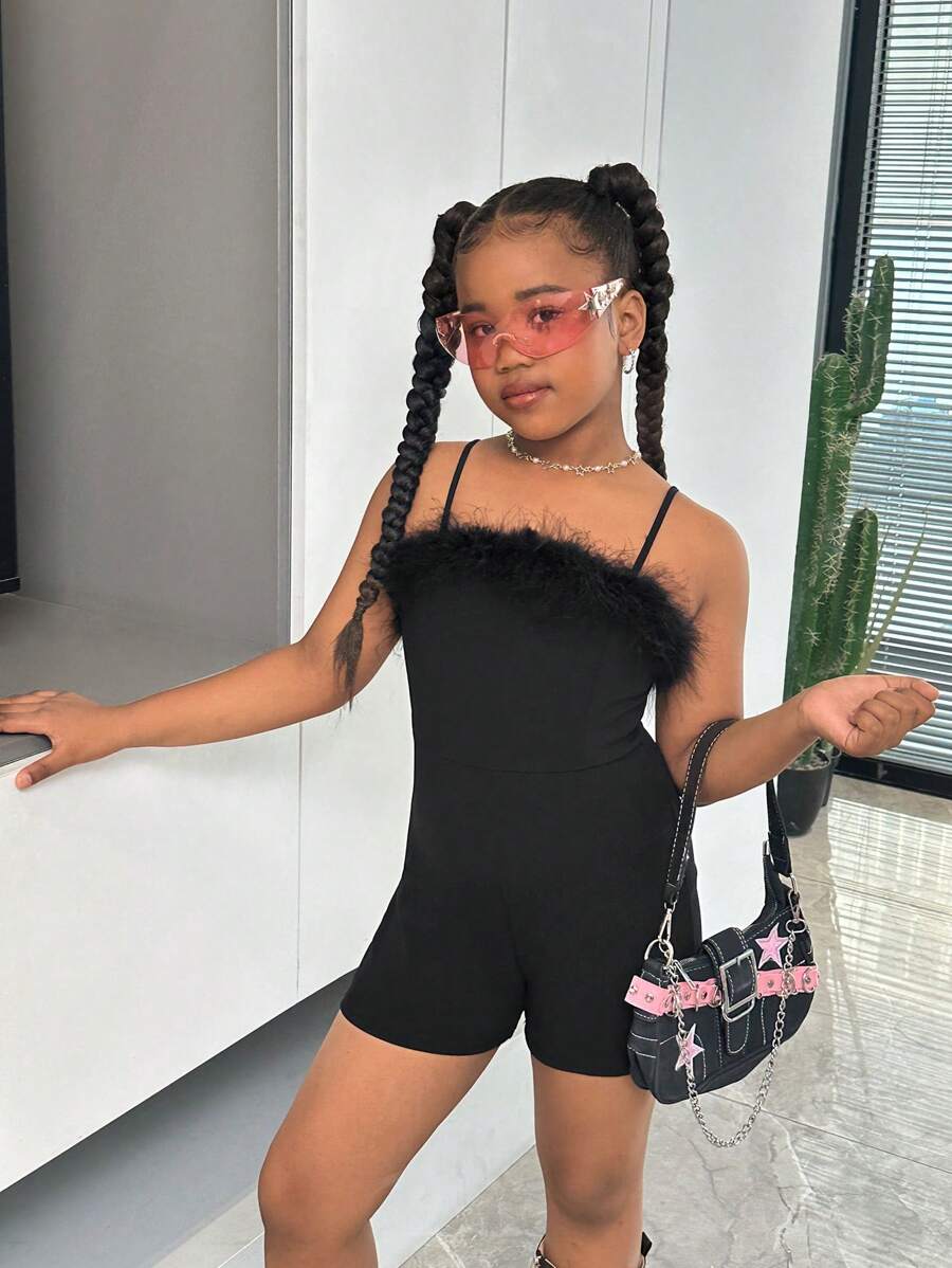 SHEIN Tween Girl Solid Color Camisole Furry Jumpsuit Shorts For Valentine's Day - Black - View 1