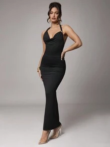 Silquee Women's Elegant Black Summer Party Dress,Stretchy Knit Sleeveless Draped Neck Fitted Long Dress With Metal Floral Decor,Formal Wedding Cocktail Gown - Black - View 1