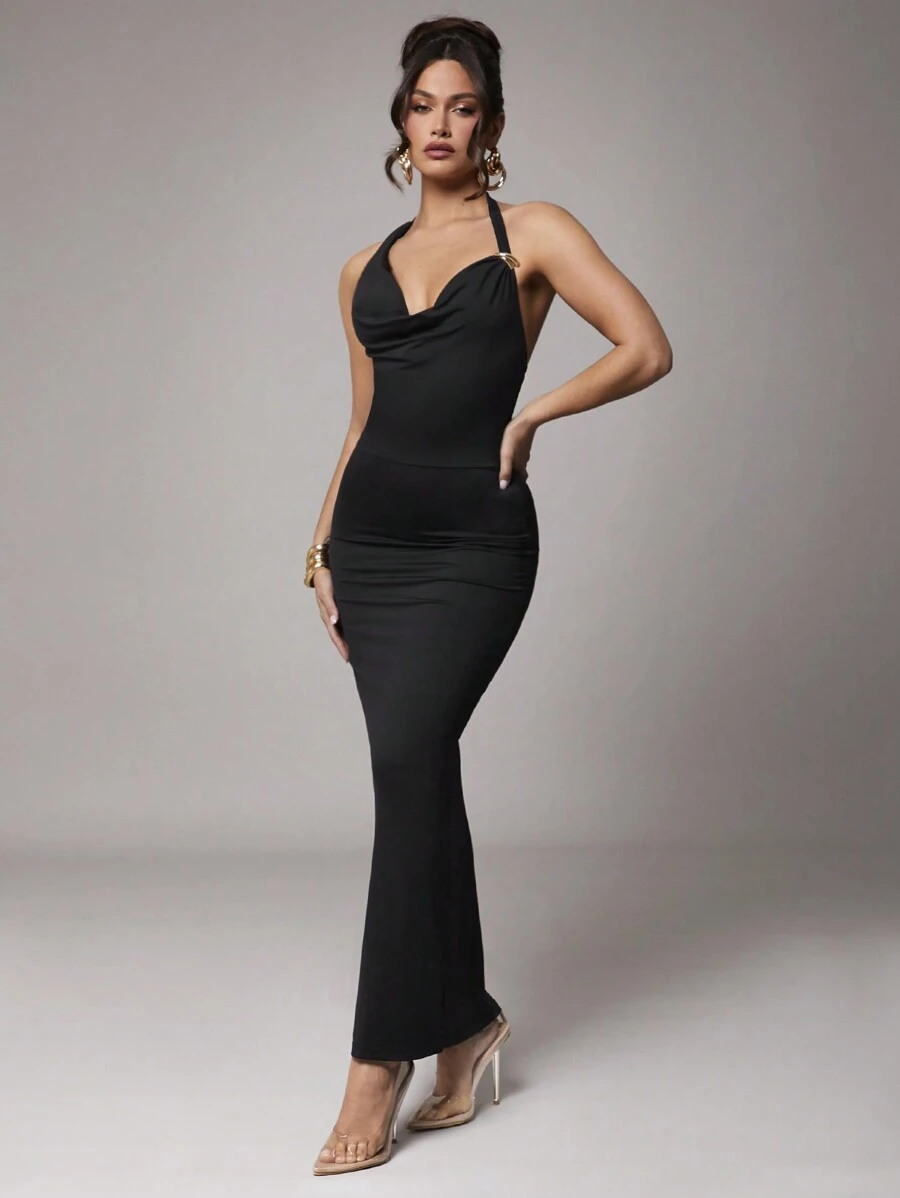 Silquee Women's Elegant Black Summer Party Dress,Stretchy Knit Sleeveless Draped Neck Fitted Long Dress With Metal Floral Decor,Formal Wedding Cocktail Gown - Black - View 1