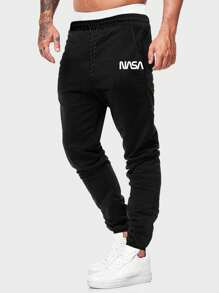 ROMWE MEN Spring Casual Graphic Men Letter Drawstring Jogger Sweatpants, School - Black - View 5