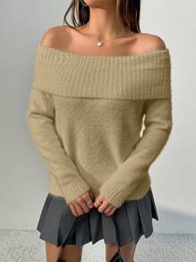 Chiquease Women's Solid Color Off Shoulder Long Sleeve Casual Sweater, Daily Wear Knit Pullover Fall Winter Sweater
