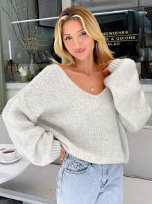 EURMUSE Women V Neck Knit Loose Fit Comfy Warm Sweater Soft Yarn - Beige - View 8