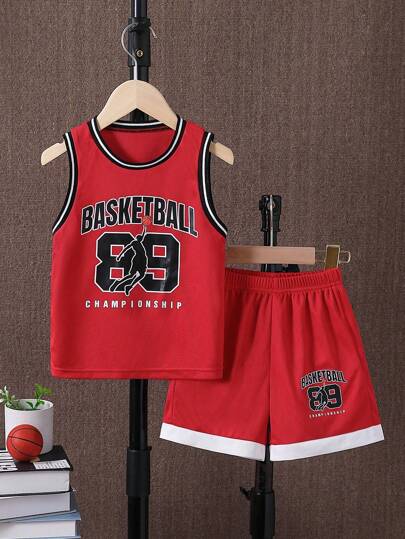 2 件套年轻男孩休闲无袖背心和短裤，简约时尚日常装