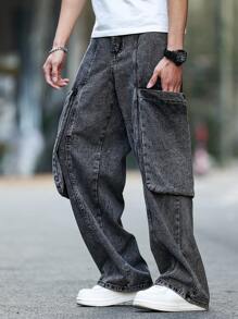 Manfinity Homme Men's Loose Fit Wide Leg Baggy Jeans With Large Pockets - Grey - View 8