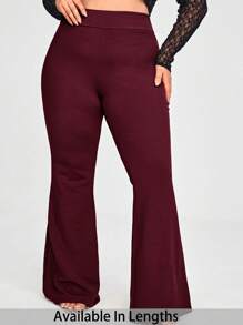 SHEIN PETITE CURVE Plus Size Solid Color Flared Pants, Casual Everyday Wear - Maroon - View 1
