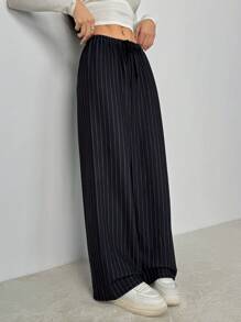SHEIN PETITE Elastic Waist Black Knitted Striped Casual Pants