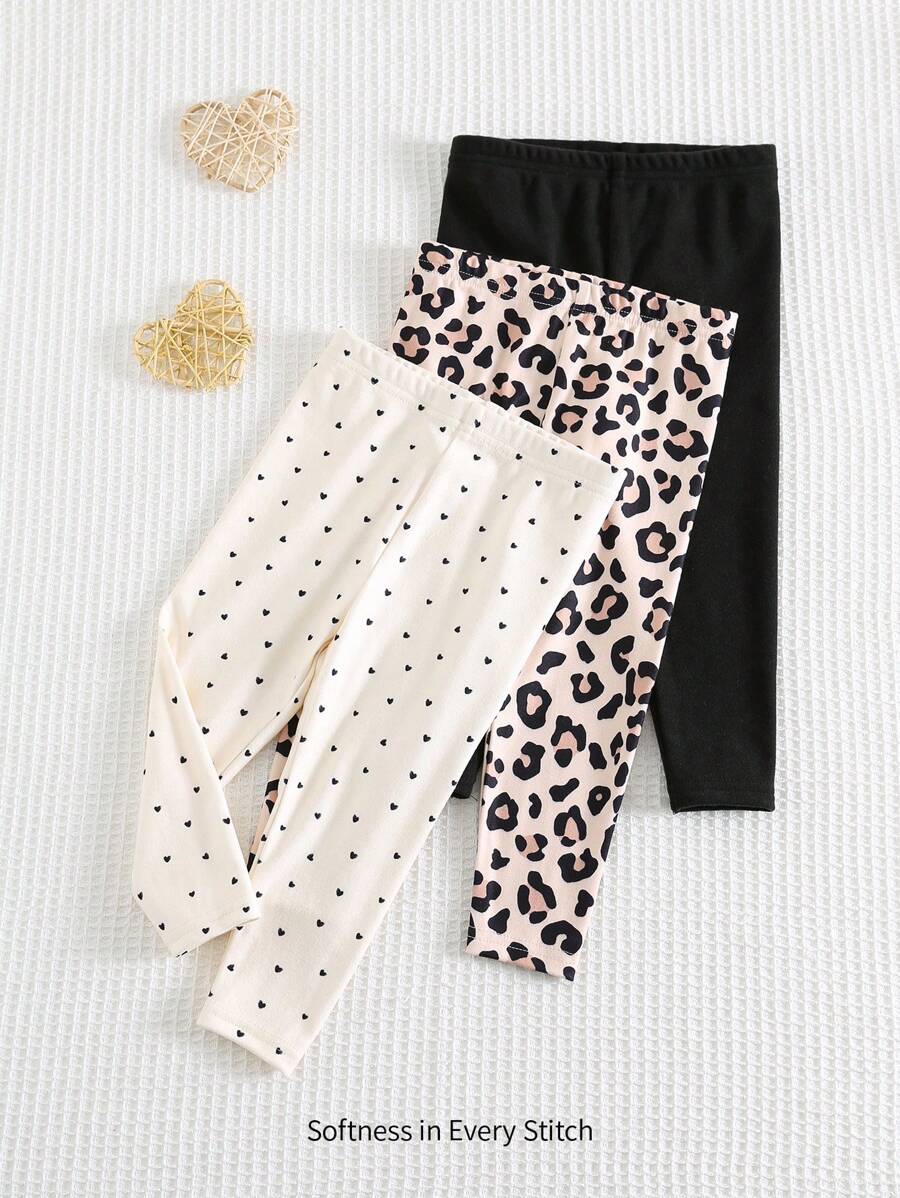 Cozy Pixies 3件套女婴情人节心形豹纹针织柔软松紧腰打底裤套装