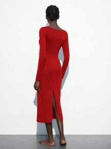 Maija Women's Solid Color Round Neck Long Sleeve Ruched Cutout Slim Fit Mid-Length Dress - Red - View 5