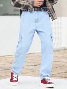 Manfinity Hypemode Plus Size Men's Casual Simple Multiple Pockets Cargo Denim Jeans - Light Wash - View 6