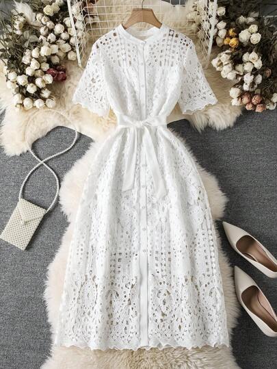 Trelyra Women's Solid Color Front Button Short Sleeve Ruffle Hem Casual Dress