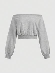 Jouncy 2 件套女士休闲纯色露肩短款运动衫和运动裤套装，秋季 - 灰色 - 查看 14
