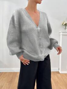 SHEIN Cottnline Women Rhinestone Flower Button Detailed Soft Touch Elegant Chick Cardigan - Light Grey - View 7