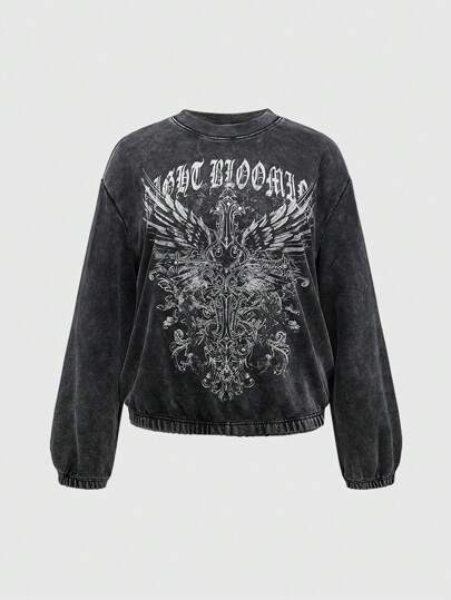 Plus Size Wing Print Rhinestone Decor Loose Distressed Sweatshirt