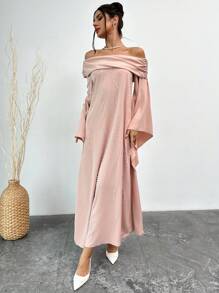 SHEIN Privé New Year Women's Elegant Minimalist Romantic Glamour Ballroom Party Date Asymmetric Drapey Rhinestone Embellished Extra Long Slit Sleeve Loose Blush Pink Off The Shoulder Dress - Dusty Pink - View 8