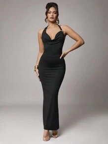 Silquee Women's Elegant Black Summer Party Dress,Stretchy Knit Sleeveless Draped Neck Fitted Long Dress With Metal Floral Decor,Formal Wedding Cocktail Gown - Black - View 4