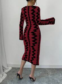Elenzga Đầm ôm body dệt kim Jacquard đơn giản, cổ tròn, tay dài cho nữ - Màu Đỏ Sâu - Xem 2
