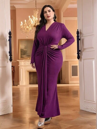 Modelyn 大码女式 V 领长袖褶饰鱼尾下摆阿拉伯风格连衣裙长款晚礼服