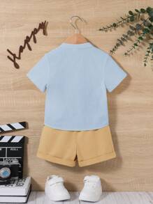 SHEIN Leap Crew 2 件装男童/女童纯色立领开衫短袖上衣和蝴蝶结装饰休闲短裤套装 - 彩色 - 查看 4