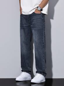 Manfinity Homme Pantalones vaqueros holgados de pierna recta informales con bolsillos para hombres - Azul lavado oscuro - Ver 4