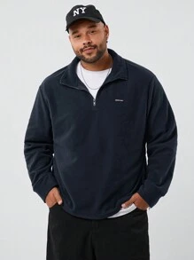 Manfinity VCAY Men's Plus Size Casual Knit Fleece Loose Drop Shoulder Zipper Half-Zip Stand Collar Long Sleeve Sweatshirt, For Fall Winter - Navy Blue - View 4