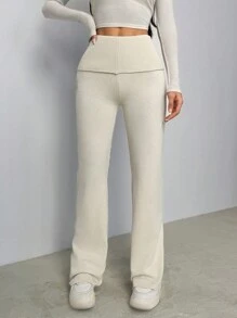 SHEIN PETITE Apricot Tight Waist Floor Length Flared Dames Sweater Broek, Voor Woon-werkverkeer, Thuis, Casual Kleding