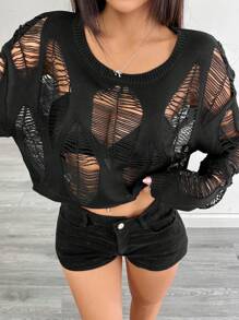 Chiquease Spring/Summer Hollow-Out Pullover Top, Sheer See-Through Cropped Cover Up - Black - View 7