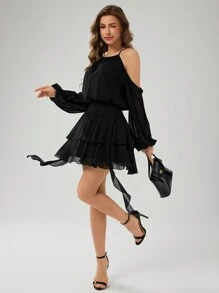 SHEIN EZwear 2件套女士纯色露肩长袖衬衫和高腰半身裙两件套女士夏季服装女士春季 - 黑色 - 查看 3