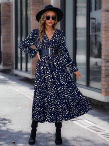 SHEIN LUNE 女士花卉印花 V 领荷叶边长袖优雅连衣裙，秋季 - 藏蓝色 - 查看 1