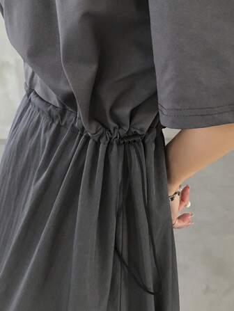 FRIFUL Damen Kleid mit lockerem Bund, zusammengesetzt, lang, Lässig, grau, Sommerstrandkleid