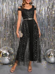 SHEIN Clasi Women's Elegant V-Neck Open Shoulder Metallic Star Sequined Mesh Overlay Long Jumpsuit