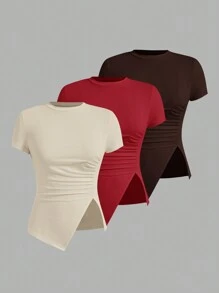 SHEIN Essnce 3pcs Round Neck Plain Color Frill Asymmetric Hem Short Sleeve T-Shirt - Multicolor - View 3