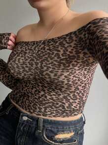 Dazy Petite Plus Plus Size Leopard Print Off Shoulder Fitted Long Sleeve T-Shirt, Sexy, Brown, Spring/Summer Cheetah Print Going Out Tops Women - Brown - View 10