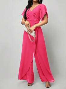 SHEIN Clasi Bộ đồ liền thân tay ngắn buộc dây phía trước màu trơn dành cho nữ, trang phục thường ngày - Màu Hồng Tươi - Xem 6