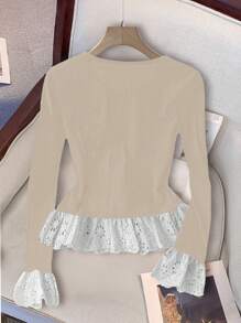 Chiquease Áo thun tay loe xếp nếp ren tương phản phong cách Pháp dành cho nữ Áo len bó sát - Màu be - Xem 2