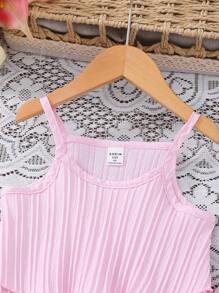 SHEIN Vintaside Kids 2pcs/Set Young Girl'' Fashionable Comfortable Ruffle Strap Top And Pants Set, Perfect For Summer Vacation - Pink - View 3