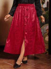 SHEIN VCAY Saia Elegante de Estilo Chinês Novo com Cintura Elástica e Botões de Rã para Mulheres Plus Size, Look para o Dia dos Namorados Romântico - Vinho - Visão 6